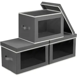 Homsorout Storage Bins with Lids - Fabric Storage Boxes with Lids, Collapsible Storage Bins with Window, Decorative Closet Organizers and Storage for Clothes, Towels, Books, 3 Pack, Dark Grey