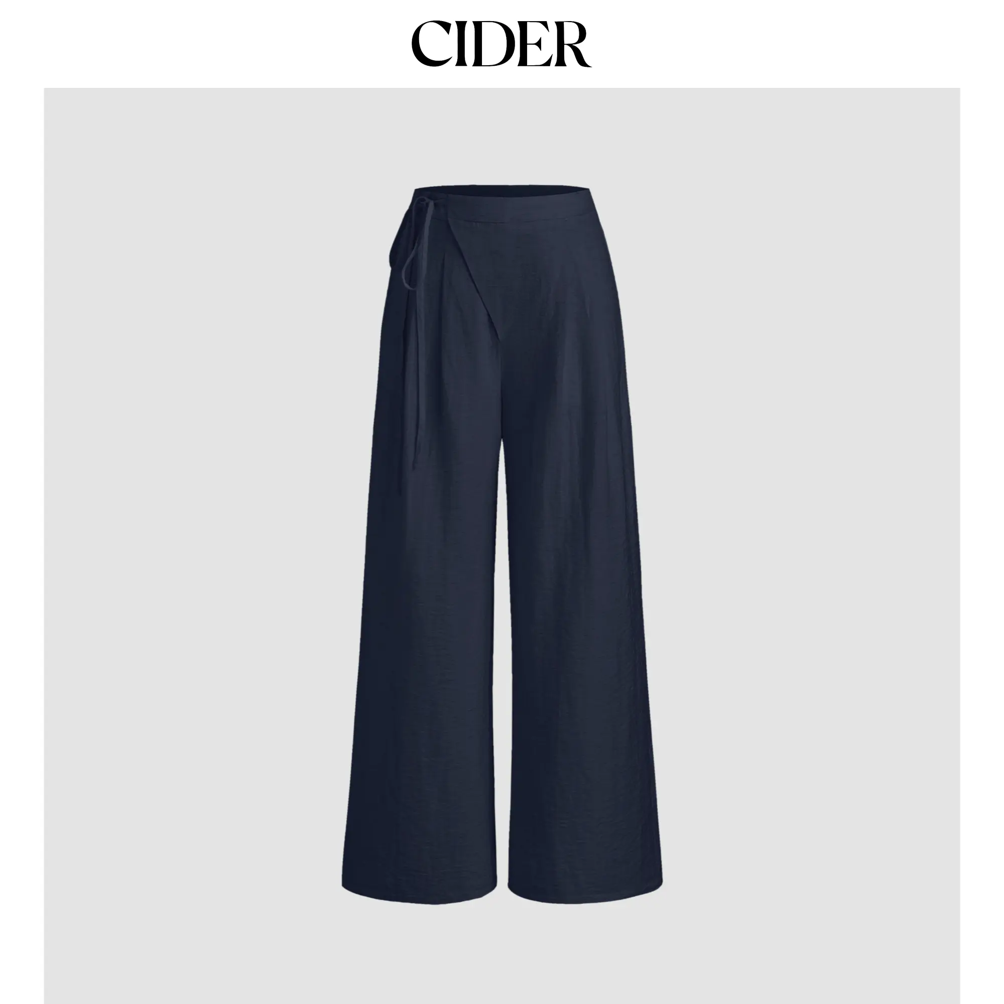 Cider Women's Basic Mid-Rise Solid Wide-Leg Pants - High-Stretch Polyamide Linen-Rayon Blend with Knotted Pocket Detail