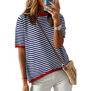 Womens Tops Summer Crewneck Short Sleeve Color Block Knit High Low Pullover Sweaters