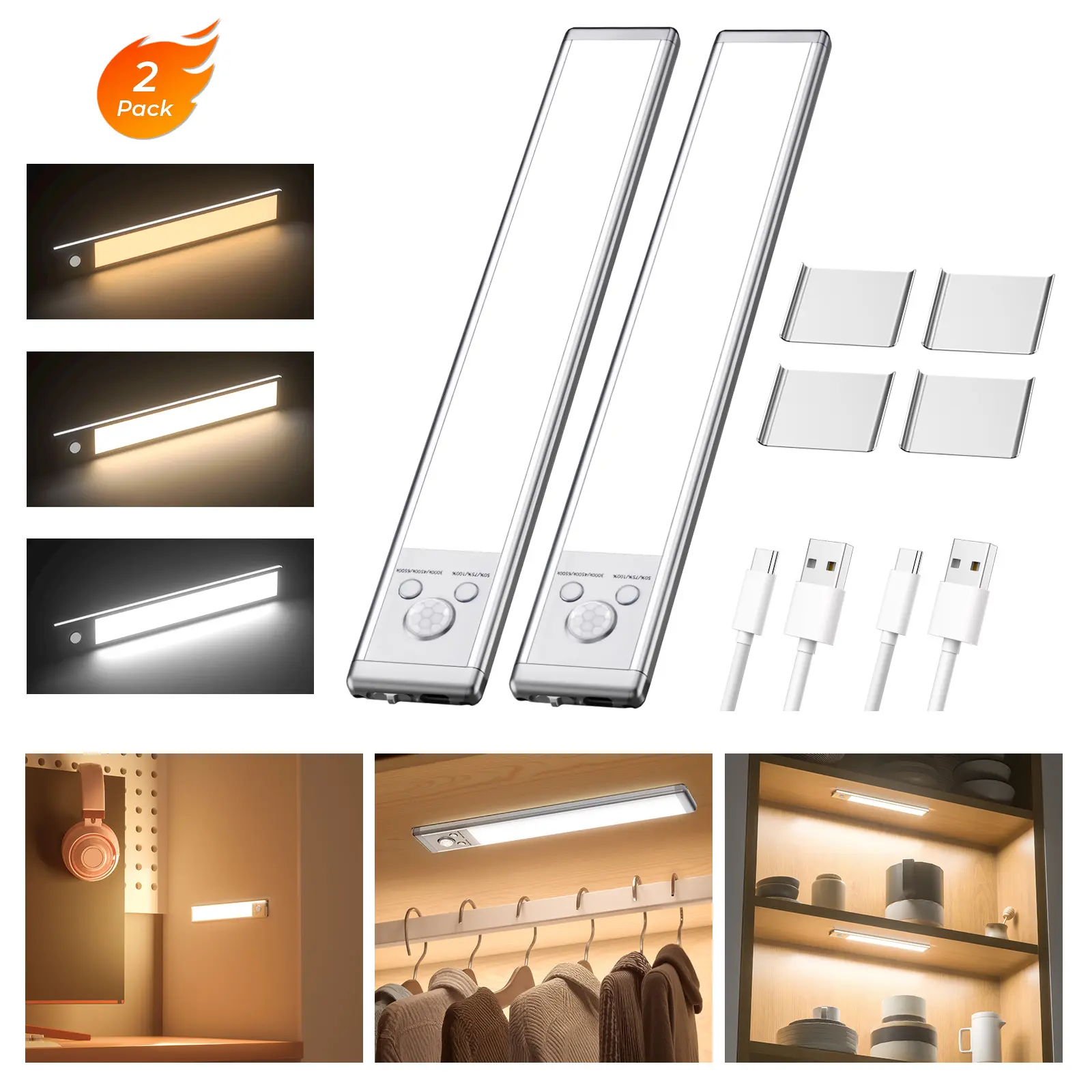 Under Cabinet Lights USB Rechargeable 1500mAh Magnetic Night Light with Motion Sensor Dimmable 76 LED Beads for Indoor Stairs Kitchen 2 Pack Smart Motion Sensor Dimmable Closet Lights USB-C Rechargeable Easy Installation