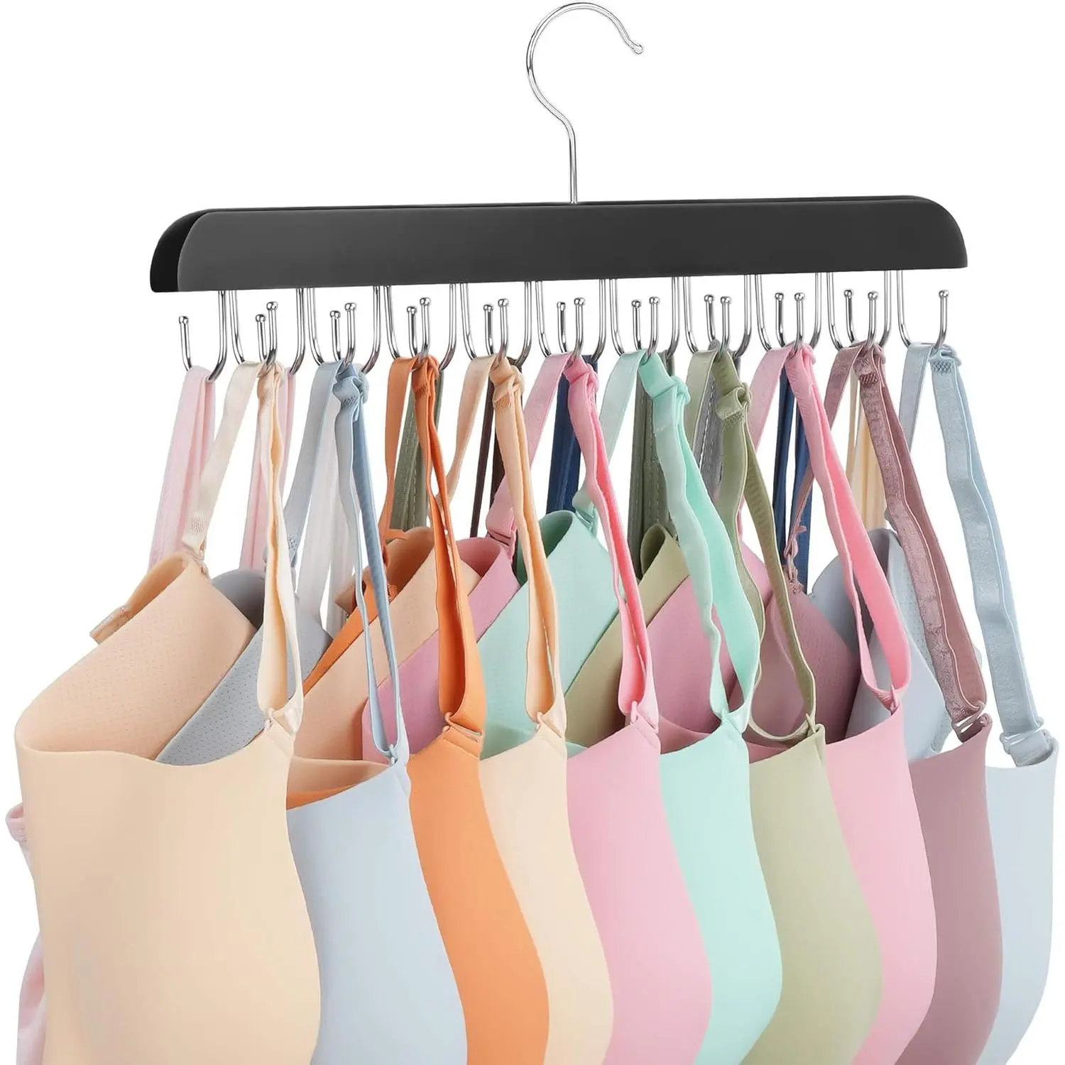 Bra Hanger,  Top Hanger, Bra Hangers for Closet Organizer, Wooden Closet Organizer with 20 Adjustable Hooks, Space-Saving Storage for Bras,  Tops, and Belts, Black
