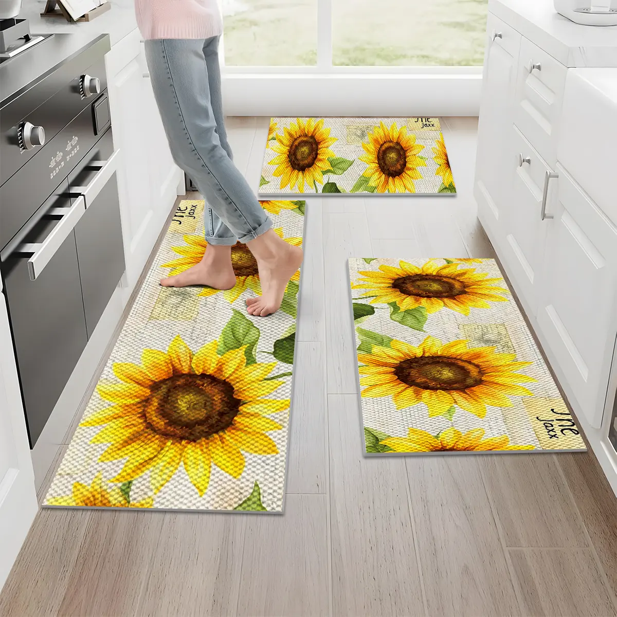 1/2/3PCS Rustic Newspaper Background Large Sunflower Kitchen Rug Set,Farmhouse Simple Floor Mats,Non Slip Washable Foldable Durable Pineapple Texture Design Yellow Mats,16"X24"/20"X32"/20"X47"