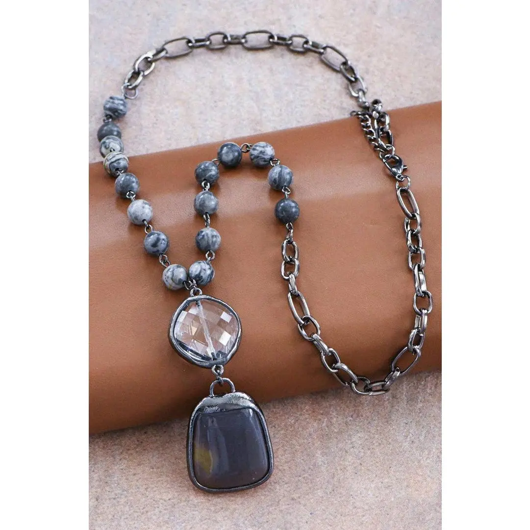 Healing Agate Natural Stone Pendant, Long Chunky Beaded Chain Link Boho Necklace - 6520