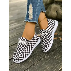 Women's All-Season Casual Fashion Shoes, Breathable Lightweight Eva Sole, Slip-On Checkerboard Round Toe Sneakers for Walking, Hiking, Driving, Running