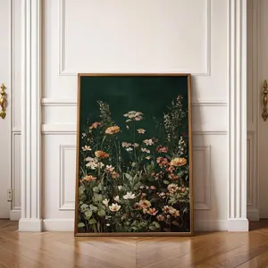 Dark Green Wildflowers poster ,Flowers Wall Art, Landscape Print, Vintage Neutral Botanical Print | Framless Poster D