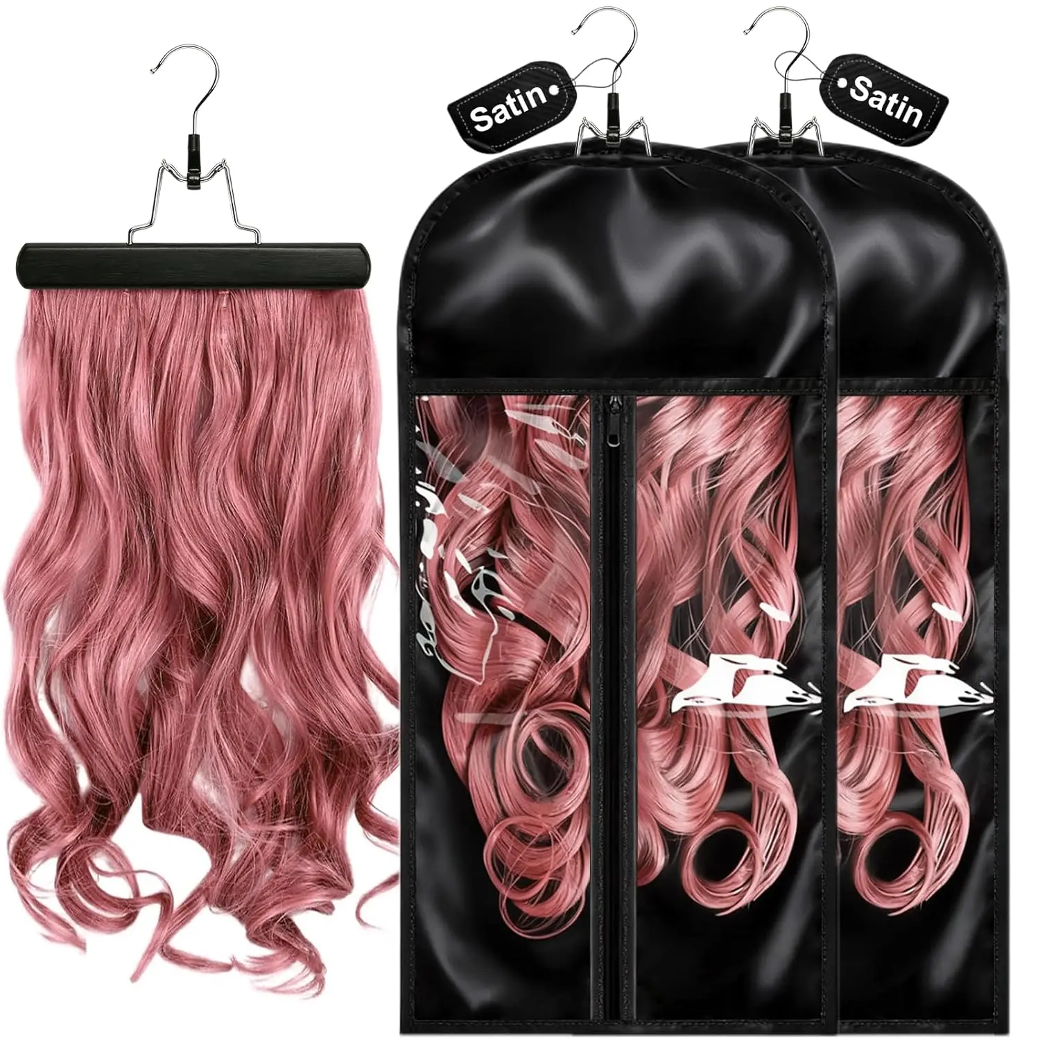 2 Pack Silk Satin Wig Storage Bag with Hanger, Breathable Hair Extension Holder for Styling & Organizing, Dust-proof Silk Case for Protecting Hair Extensions & Wigs