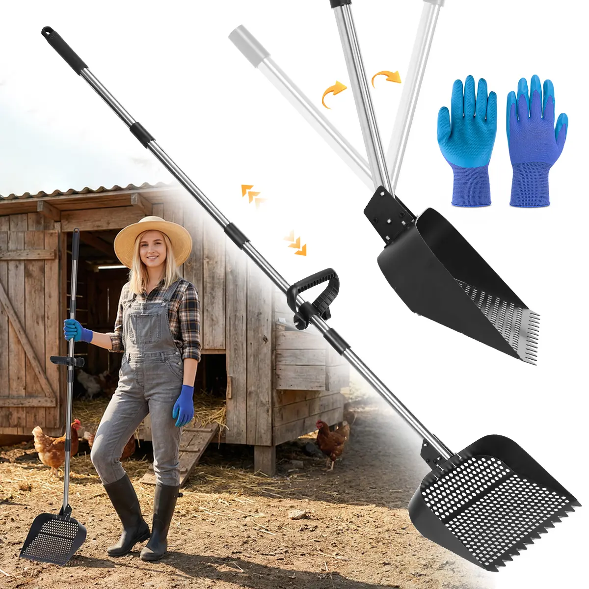 2-in-1 Chicken Poop Scooper & Rake with Gloves, 12" Wide Metal Chicken Litter Scoop for Backyard Farm Barn Cleaning, 3-Way Adjustable Head, 39/51/67" 304 Stainless Steel Handle, Non-Stick Sand Sifting Shovel, No Bending Design