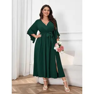 Elegant Plus Size Wrap Dress - V-Neck Ruffle Sleeve Maxi w/Belt - Wedding Guest & Cocktail Party Basic Black Minimalist Chic Women's Wear