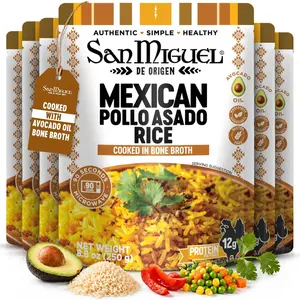 San Miguel de Origen 12g Protein Mexican Pollo Asado Rice, Cooked in Bone Broth & Avocado Oil - Ready to Eat Microwave Rice - Gluten Free Mexican Rice Pouch - Easy Meal - (6-Pack) 8.8oz