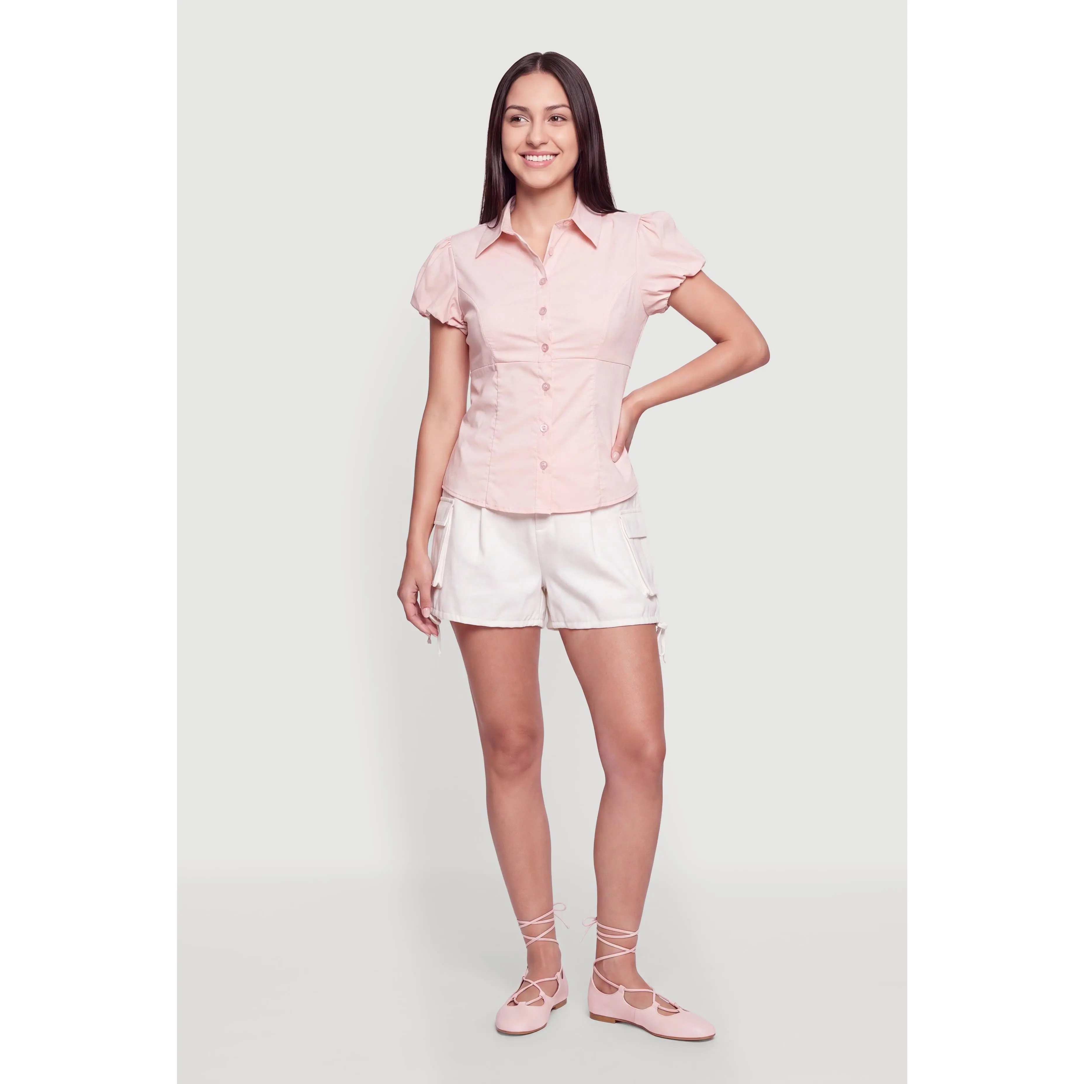 Poplin Bubble Sleeve Button Front Shirt Poplin Bubble Sleeve Button Front Shirt