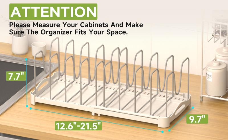EVERIE Adjustable Pot & Pan Lids Bakeware Organizer Holder Rack,10 Adjustable Dividers Compartments 7.7'' Deep by 12.6'' to 21.5'' Wide Cabinet Countertop Kitchen Organization Storage(White&Grey)GS02SS