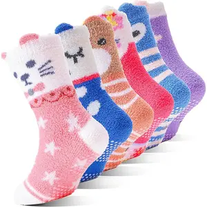 L-SOK045  Girls Kids Toddler Fuzzy Socks with Grips Non Slip Slipper Socks Crew Cabin Cozy Fluffy Warm Winter Socks 6 Pairs