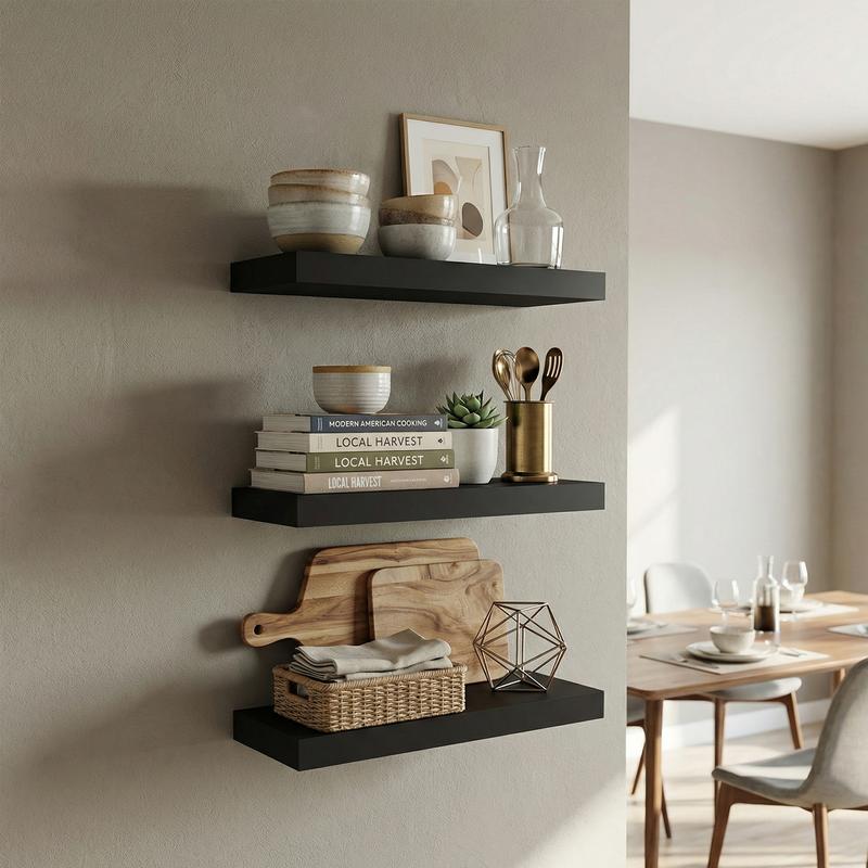 Spaco 14.9" Maple Black Floating Wall Shelves - Modern Wood Storage for Bathroom, Bedroom, Kitchen & Living Room (Invisible Brackets, Decorative & Functional for Books & Organization)