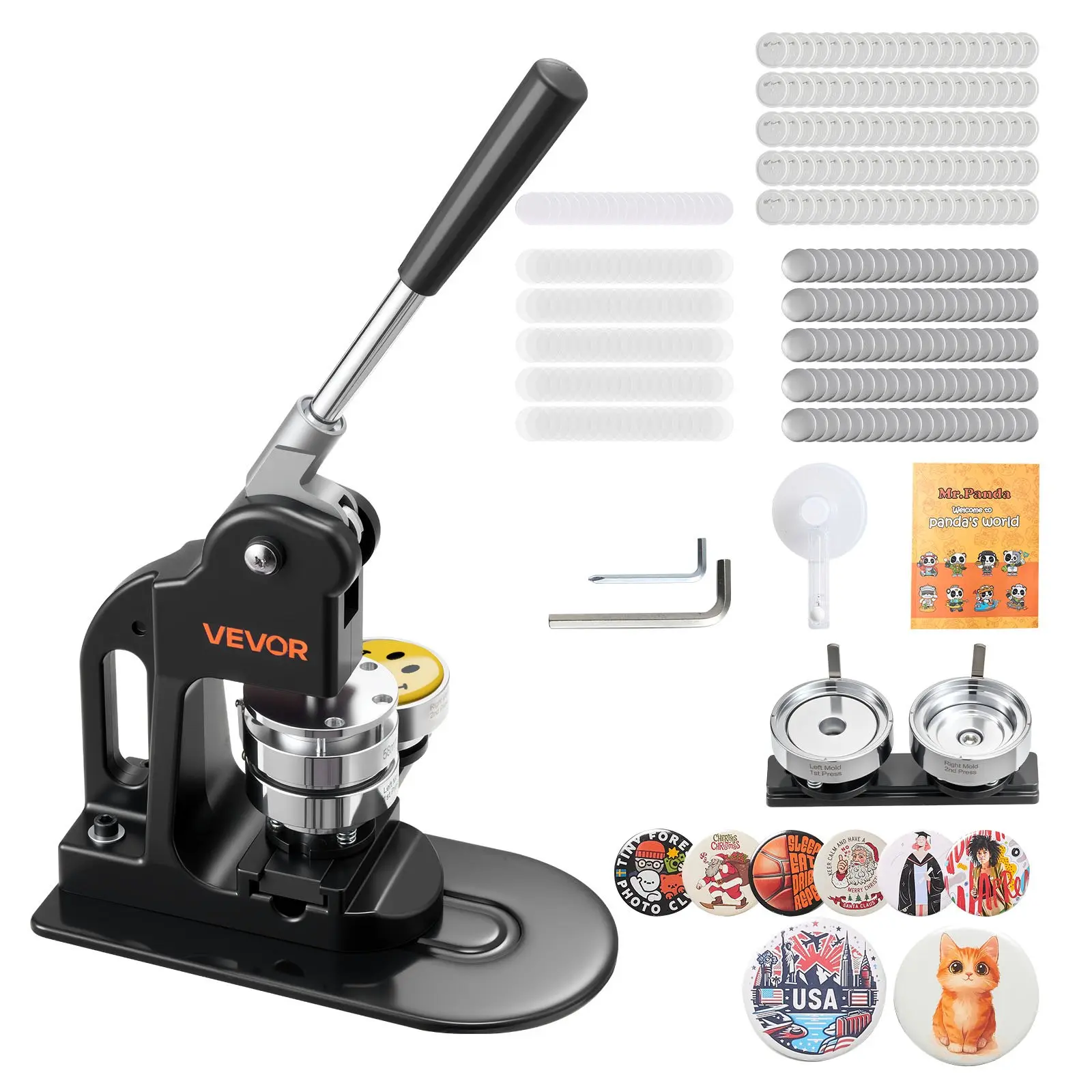 VEVOR 2.25 in (58 mm) Badge Maker Machine, ABS Hand Tool Kit with 500 Badge Components, Circle Cutter, Hex Wrenches, Magic Book, Comfortable Grip Handle, Alignment Guide Marks for Higher Success Rate DIY Anniversaries Pins, Food-Related Decor, Black, Holi