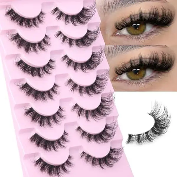 False Eyelashes Wispy Lashes D Curl Cat Eye Lashes Fluffy Lashes | Clear Band Natural Look Fox Eye Fake Lashes Manga Faux Mink Strip Lashes 7 Pairs Pack
