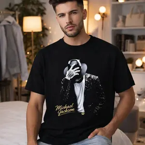 Men's 100% Cotton Fabric Streetwear Round Neck Ribbed Short-Sleeve Top, Michael Jackson Iconic Pose with Signature & Sparkling Jacket Design, Hem Detail, Ideal for Music Lovers, Spring Summer Menswear Gift,summervibes