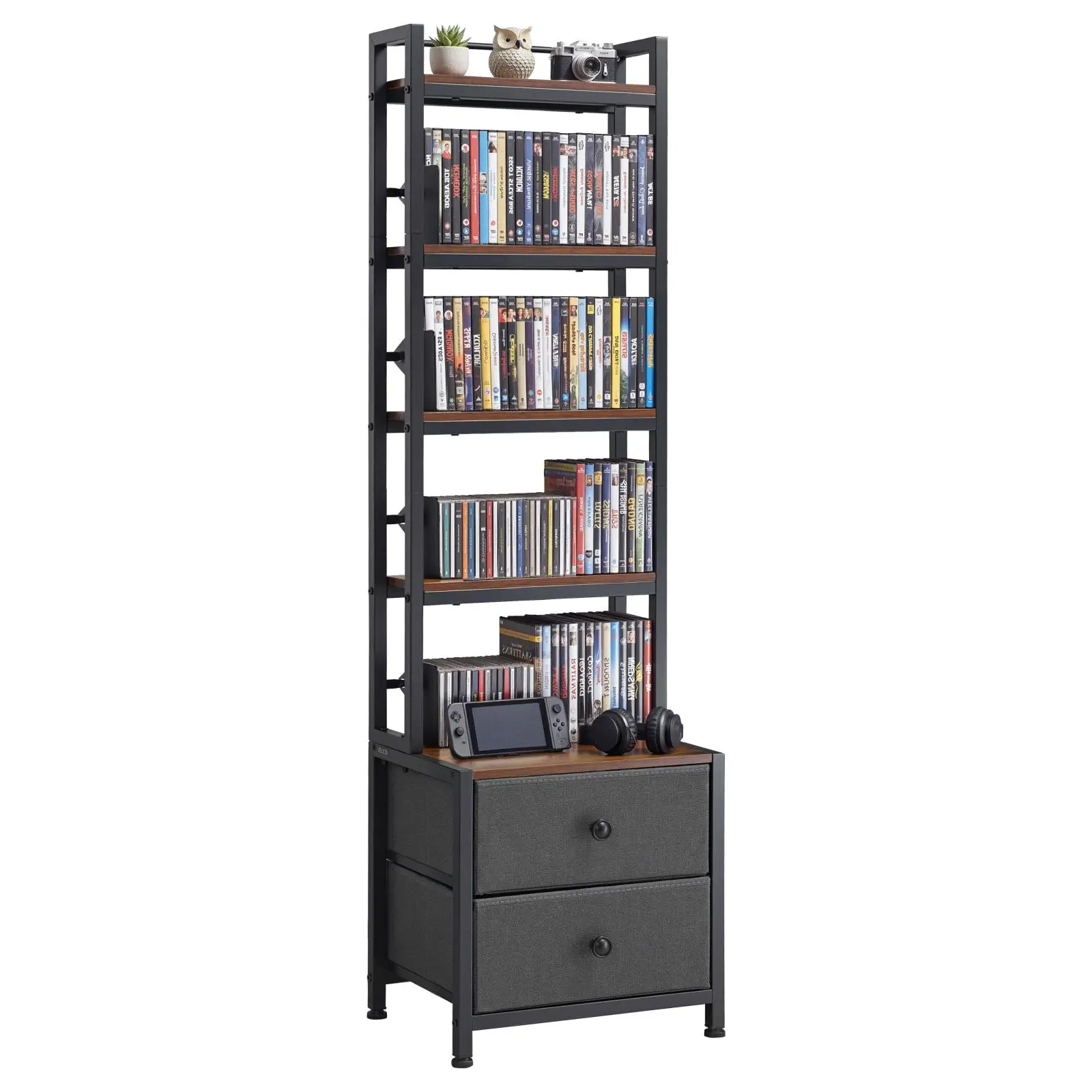 【SummerFinds】VEVOR Media Storage Cabinet, 4-Shelf DVD Shelf Organizer with Drawers, 15.75 x 11.81 x 56.50 in Multimedia Storage Organizer for CDs, DVDs, Books and Games, CD Cabinet for Living Room, Home Office