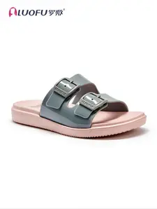 Women's Fashionable Colorblock Double Buckle Slides, Casual Comfortable Soft EVA Slippers, Non-slip Waterproof Slippers for Indoor & Outdoor Wear, Walking Shoes
