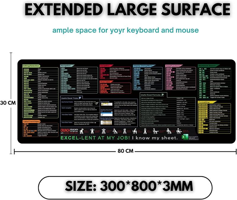 2025 NEW Large Excel Office Desk Mousepad | Extra Large XXL Deskmat w/Quick Ref Chart for Office Work & Gaming | Anti-Slip Stitched Edges | For Computer & Spreadsheet Enthusiasts