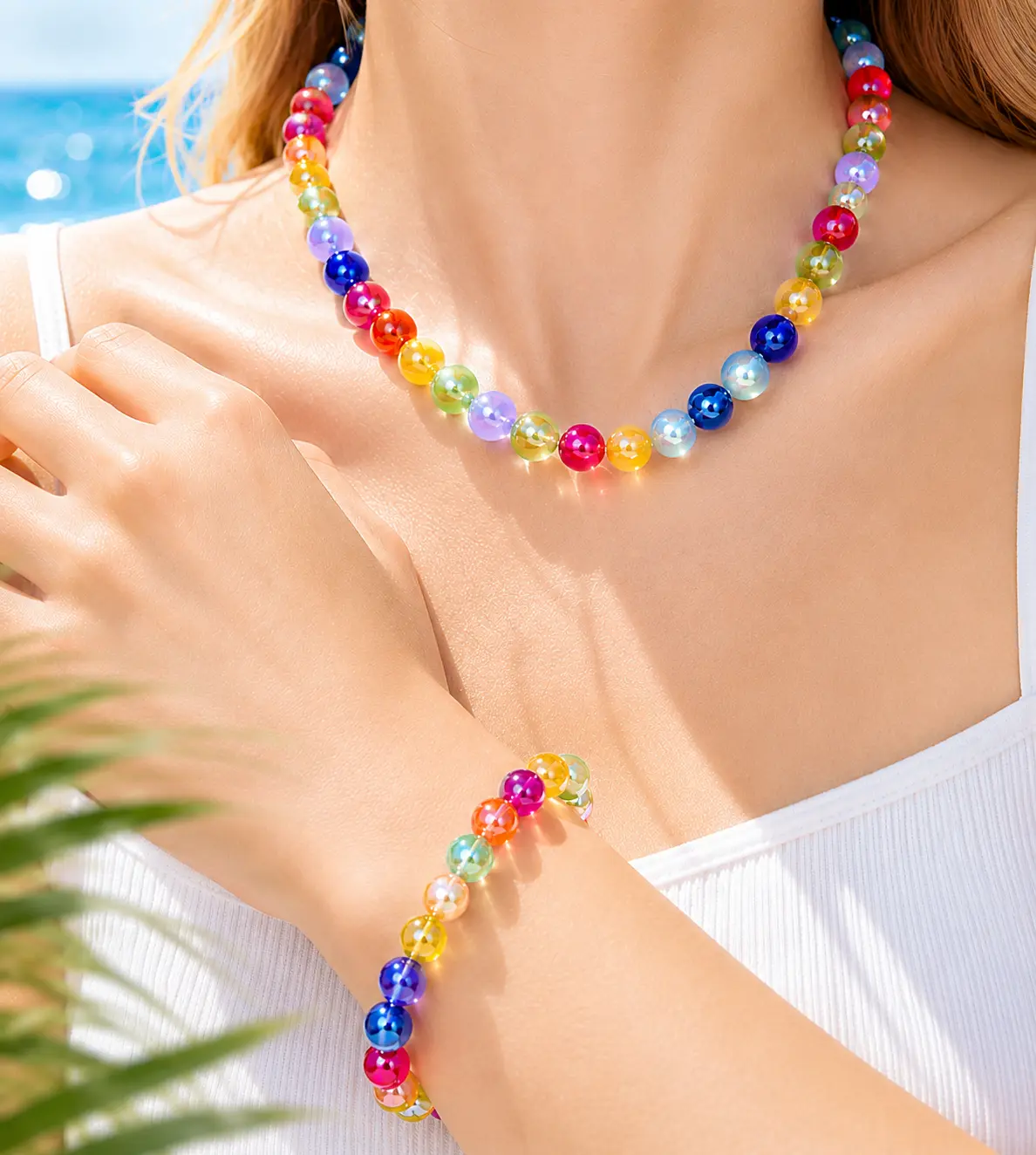 Dopamine Rainbow Beaded Choker Necklace/Bracelet/ Anklet- UV Reactive Waterproof Stainless Steel Adjustable Necklace, Daily Versatile Chain, Funky Unique Whimsical Colorful Jewelry, Summer Costume Accessory