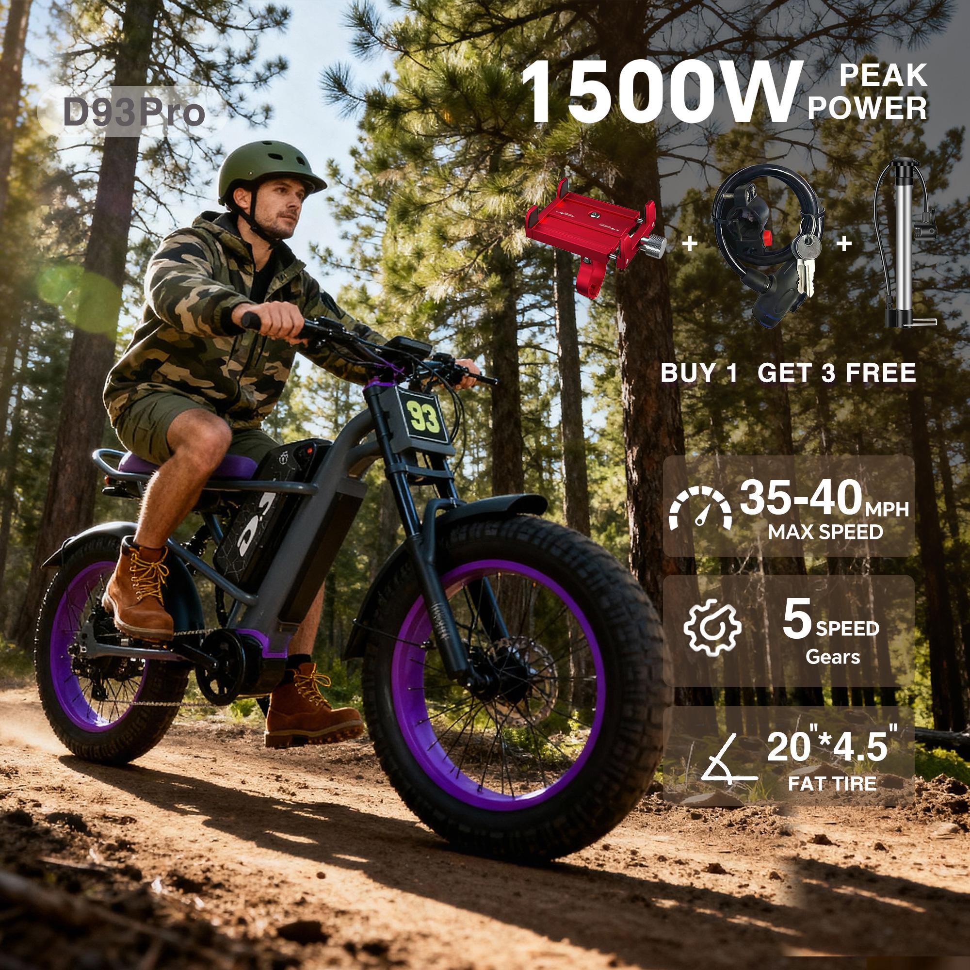Upgraded electric bicycle maximum speed of 35~40 MPH  adopts a high carbon steel frame, hydraulic shock absorption, full suspension system, 48V 20.8AH 1500W motor, riding assistance range of 40-70 miles, 20 * 4.5-inch all terrain tires, snow tires