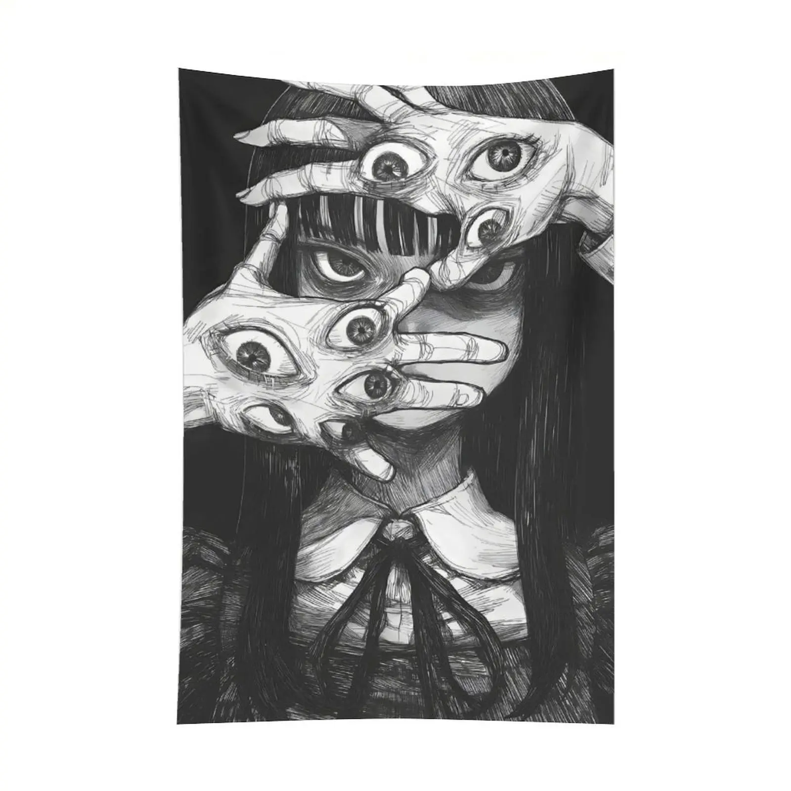 Gothic Surreal Eye Hands Wall Tapestry, Black and White Horror Girl Art, Dark Aesthetic Bedroom Dorm Room Wall Decor
