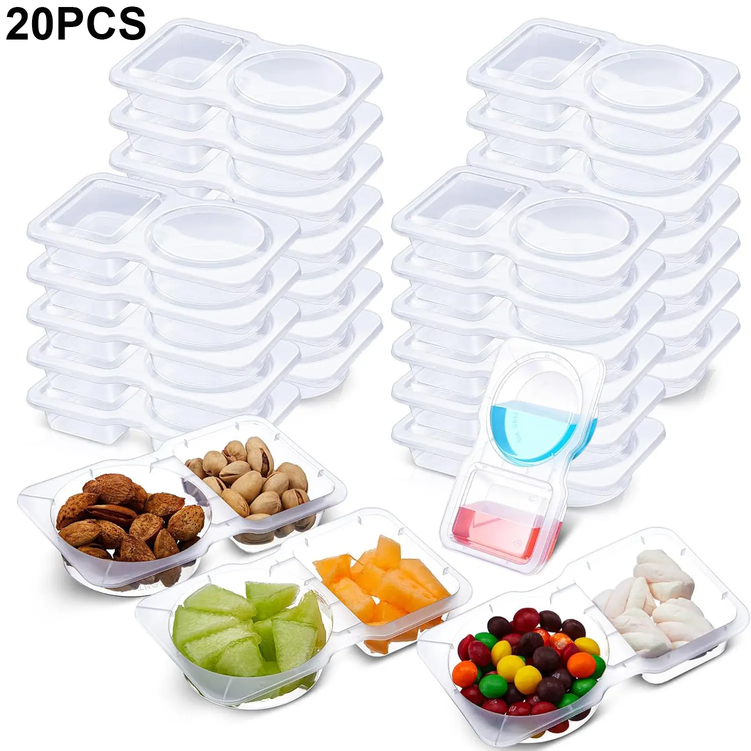 Leakproof 2-Section Food Storage Containers - Clear Plastic Snack Box for Kids Lunch, On-the-Go Meal & Salad Dressing Container | 20 Pack