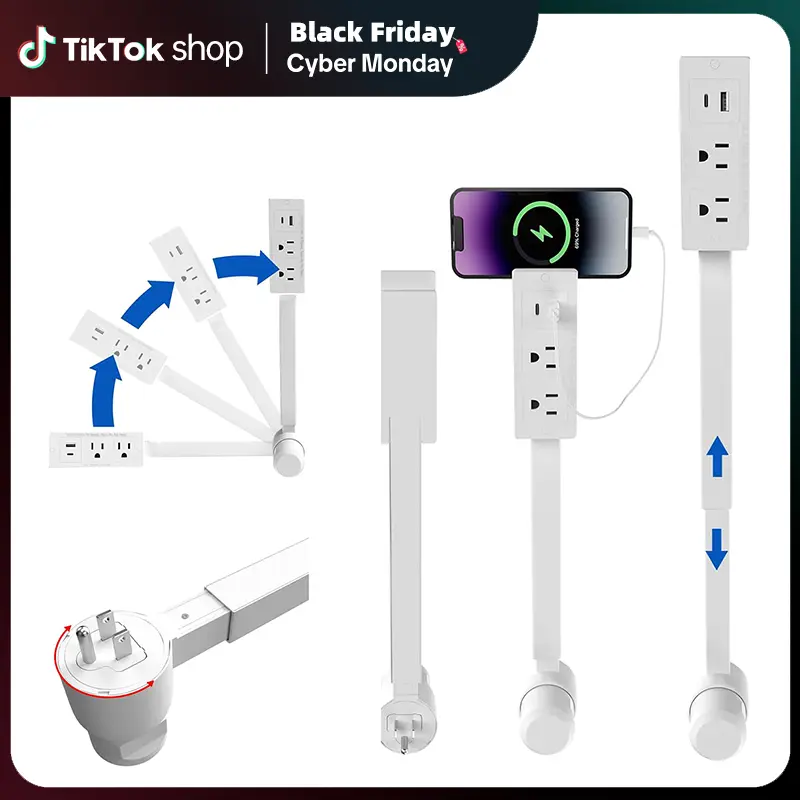 WestDeer Telescopic Adjustable ABS Electrical Socket - 2 AC Sockets, USB-A/USB-C Ports, 22-34 cm Telescopic Range, 180° Rotatable Plugs, 440*60*80mm, 440g, 50-99w Rectangle Design, White Electroplated, for Kitchens, Bedrooms
