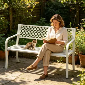 Outdoor Metal Garden Bench for 2 Person, Heavy Duty Steel Patio Bench 790 Lbs Capacity, Weather Resistant Black Porch Seating with Geometric Backrest, Outdoor Furniture for Yard, Deck, Entryway