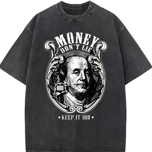 Money Don't Lie Keep It 100 Washed Cotton T-Shirt, Retro Benjamin Franklin 100 Bill Oversized Tee, Soft Breathable Streetwear