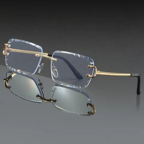 Men's Metal Square Frameless Mirror, Fashion Glasses, Stylish Glasses, Square Eyewear, Cracked Decorative Diamond Edge Design, Casual Daily Wear Accessory for Home Office School Commute, Casual Style Eyewear