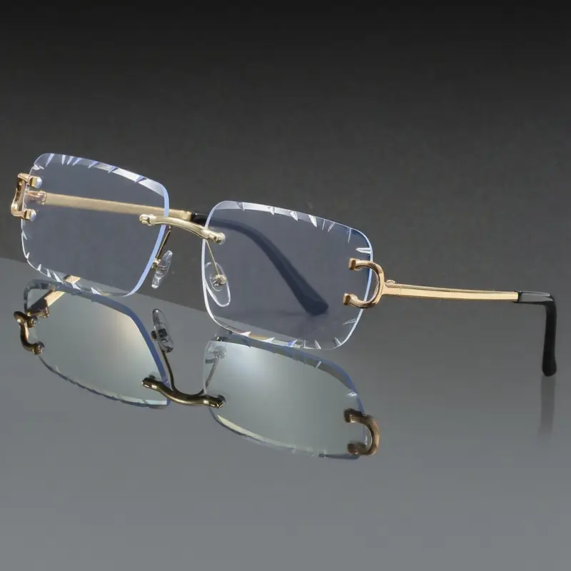 Men's Metal Square Frameless Mirror, Fashion Glasses, Stylish Glasses, Square Eyewear, Cracked Decorative Diamond Edge Design, Casual Daily Wear Accessory for Home Office School Commute, Casual Style Eyewear