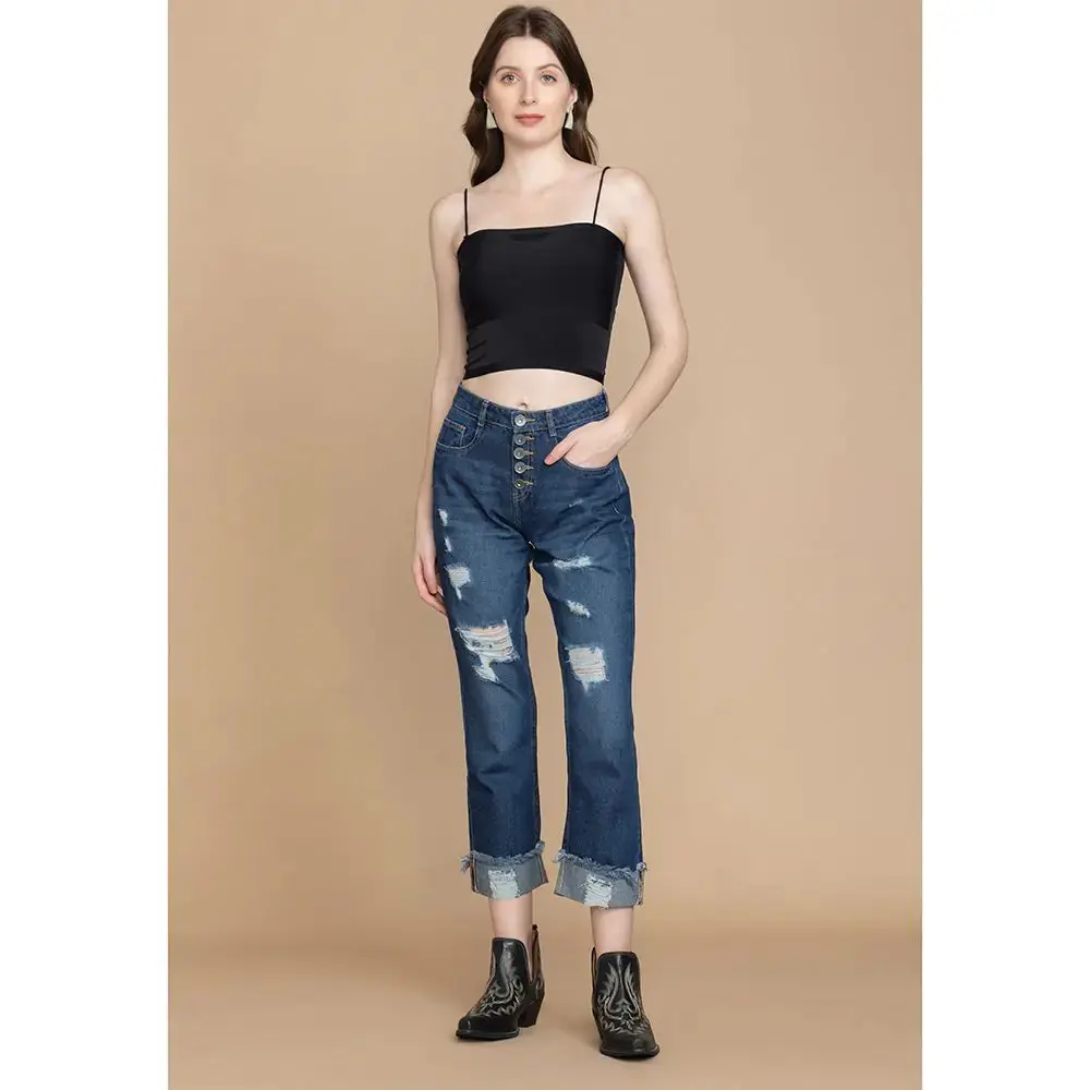 Women's Boyfriend Jeans - Amora Medium Wash Distressed Cotton Mid-Waist Pants, Cuffed Hems, Traditional Button Fly, 5 Pockets Bottom, Distressed Denim, Loose-Fitting, Jean Pants, Boyfriend Cut Jeans, Distressed Look, Five Pockets