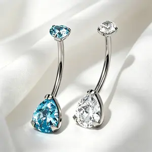 Gurgling G23 Titanium TeardropBellyPiercing Teardrop-Shaped 5A Grade Zirconia 14mm Navy Blue/Transparent White Medical-Grade Navel Piercing Jewelry