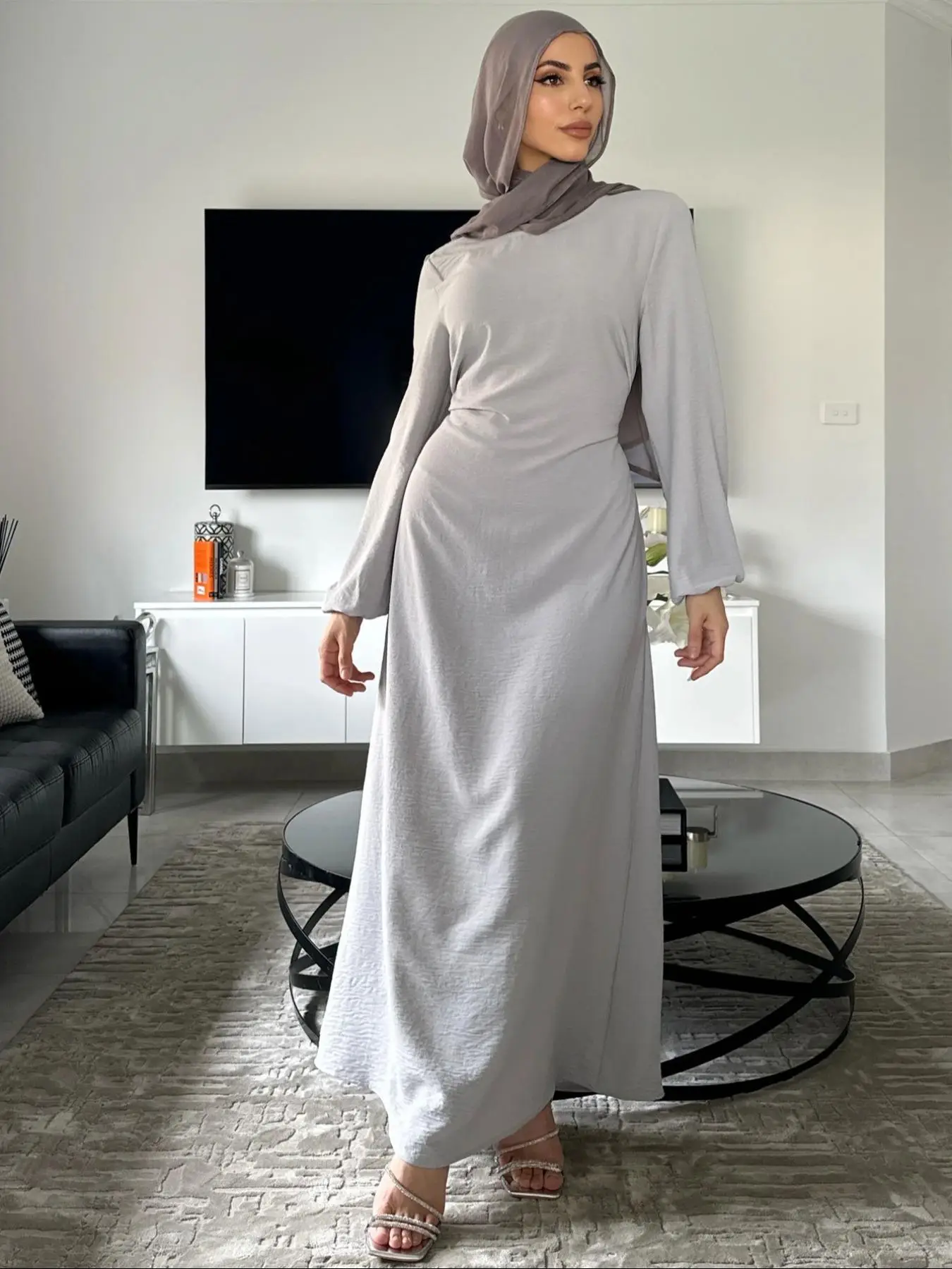 Women's Solid Color Tie Waist Dress, Elegant Long Sleeve Round Neck Dress for Muslim, Ladies Islamic Clothing for All Seasons