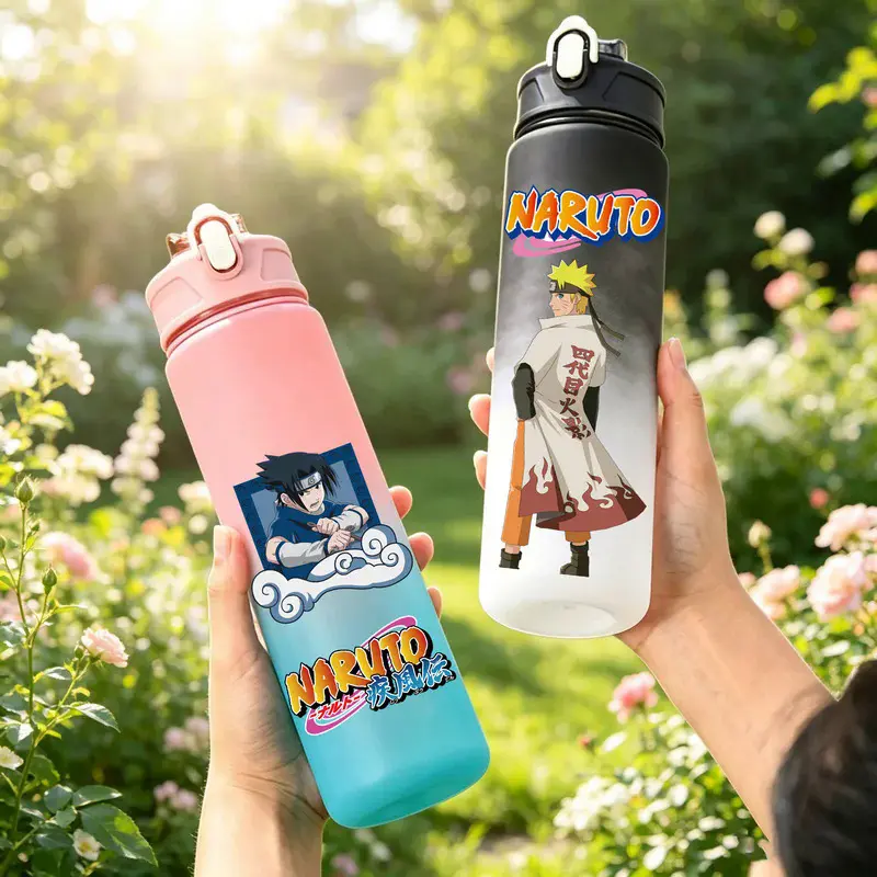 NARUTO 750ML Gradient Water Bottle with Straw, Reusable Sports Drink Cup, Portable Plastic Travel Bottle
