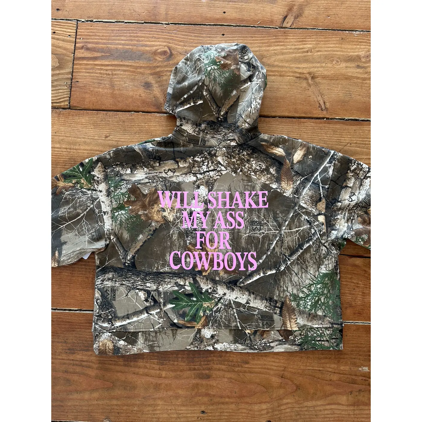 PINK "Will Shake My Ass For Cowboys" Cropped Camo Hoodie