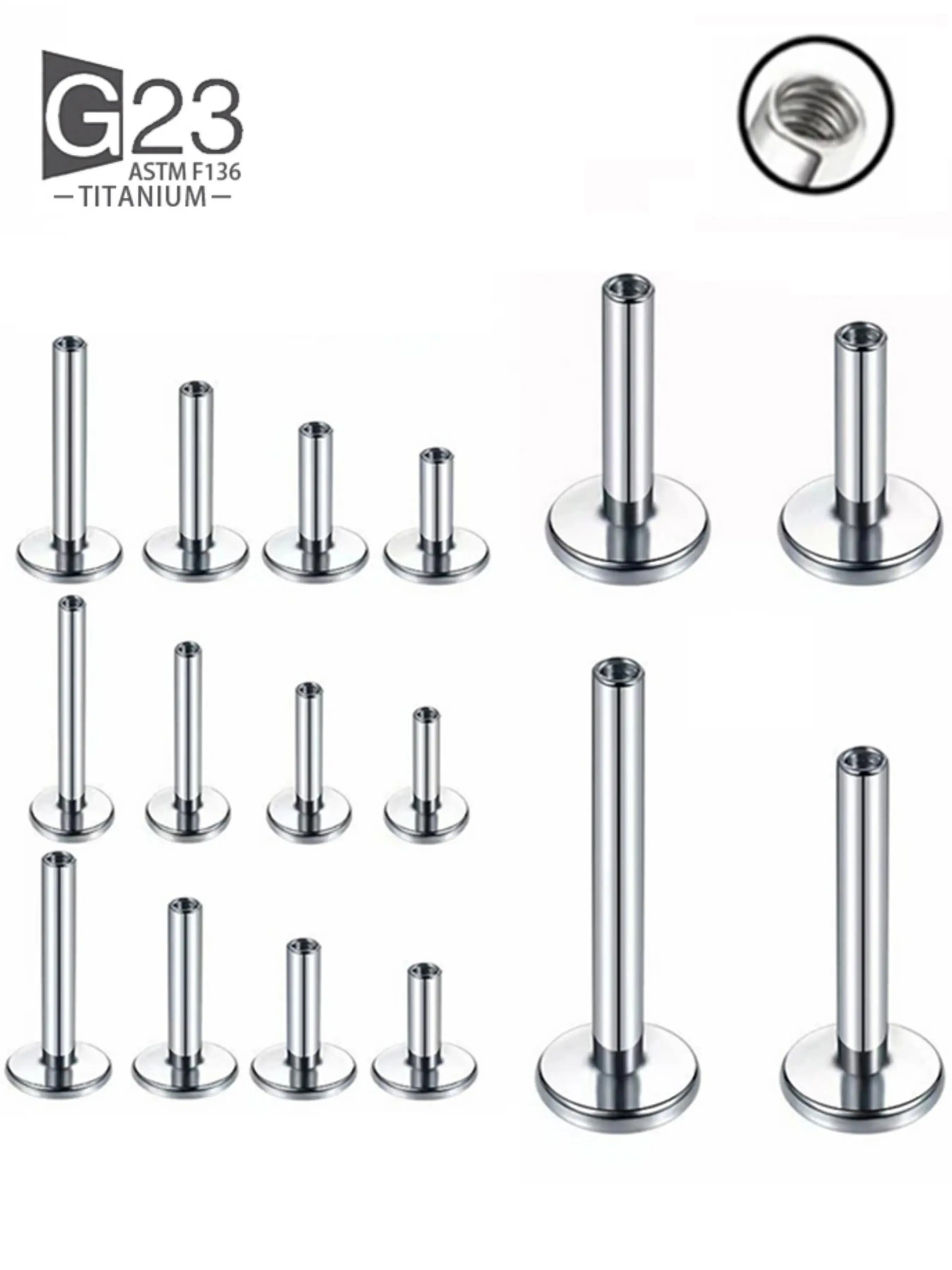 10pcs G23 Titanium Labret 16g 18g 5/10mm Rod, Internal Thread Plug, Septum Ear Lips Nose Piercing, Tragus Body Jewelry Accessories