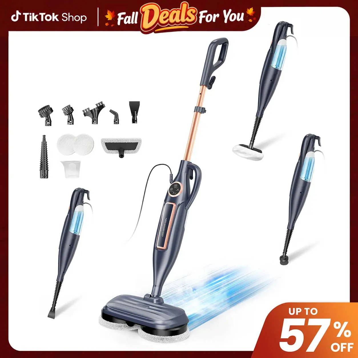 [FallDealsForYou] DEVOAC 10-in-1 Rotating Disc Electric Steam Cleaner - Lightweight Mopping Tool with Curved Brush, Removable Brush, 5m Cable, Spin Wringer, 3 Vapor Levels, US Plug - Ideal for Wood/Laminate/Marble Floors, Household Floor Cleaning Item