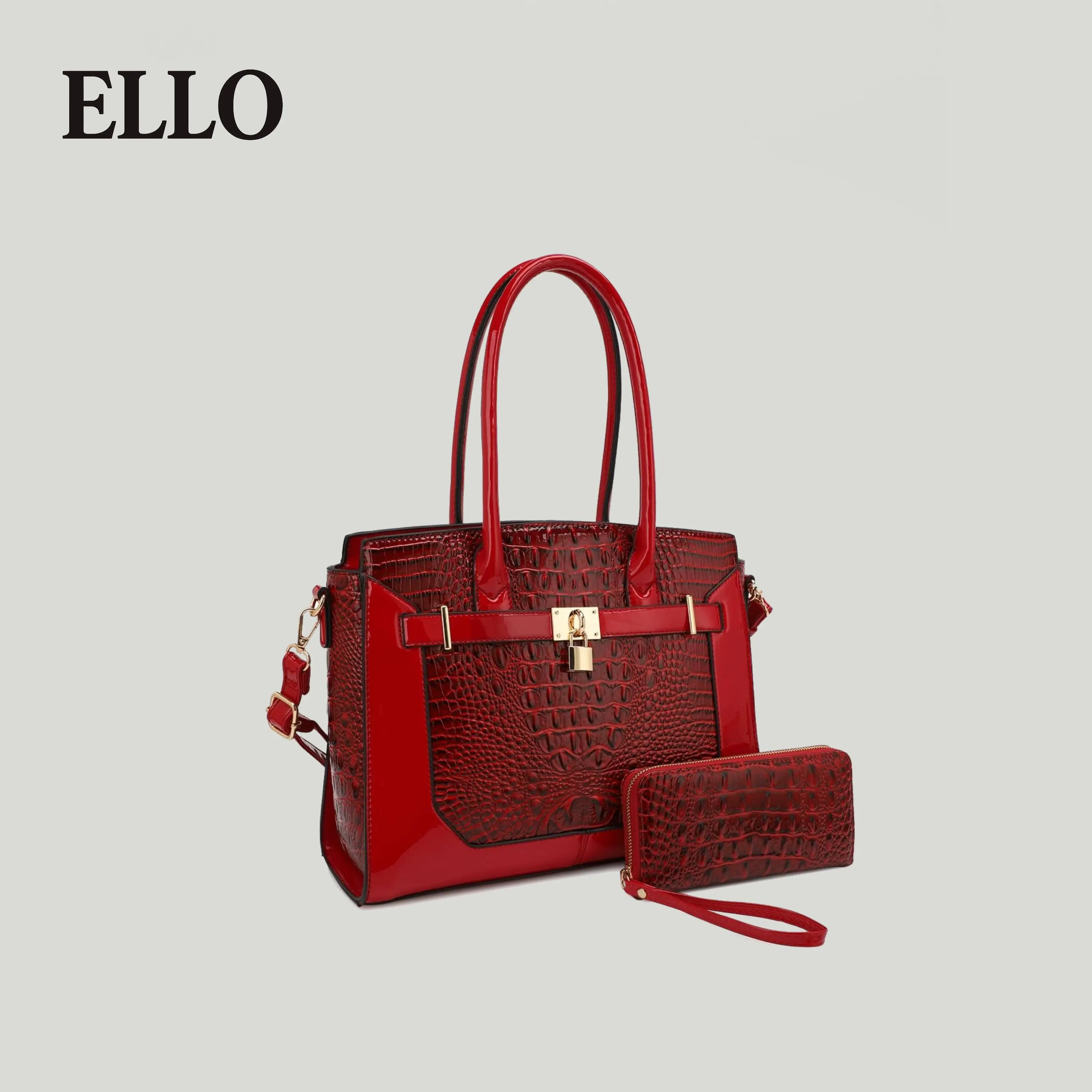 Women's Crocodile Embossed Tote Set – Includes Large Glossy Handbag with Lock Detail & Matching Compact Clutch, Perfect for Daily Use or Office Wear