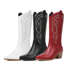 Women's Embroidered Western Cowboy Boots Coarse Heel Midsole Boots Versatile Fashion Knight Boots