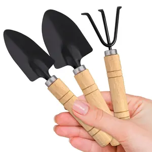 3 Pcs Mini Garden Tools Set with Small Trowel, Mini Shovel & Hand Rake Made of Rust-Resistant Iron & Solid Wood - Indoor Gardening Tools Set for Succulent, Bonsai & Pot Plants