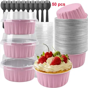Mini Cake Molds with Lids, 50-Piece Pack, 5OZ Round Disposable Aluminum Foil Baking Cups, Mini Toast Molds, Muffin Pans for Weddings and Parties, Small Baking Cups, Pie Pans, Muffin Pans, Cheesecake Molds, Bakeware