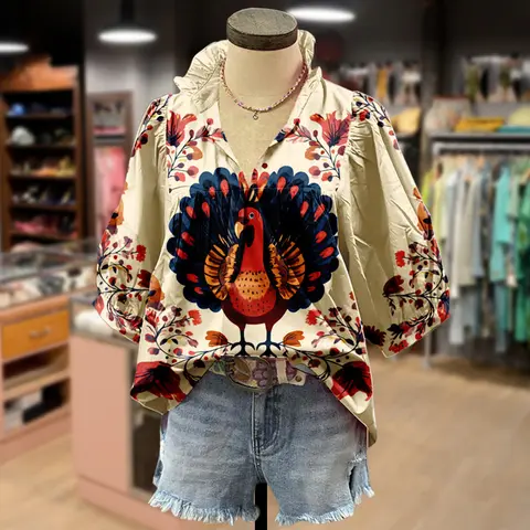Cherrybetty Thanksgiving Floral Turkey Print Puff Sleeve Top Women's Casual Fashion Shirt Everyday Wear Blouses cute fall outfits lady chit merch cute tops women outfits women game day outfit