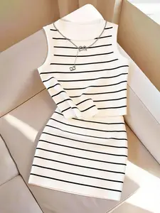 Summer Fashion Casual Commuter Striped Sleeveless Tank Top + High-Waisted Short Skirt Set, Versatile for Daily Wear, Office, Dates