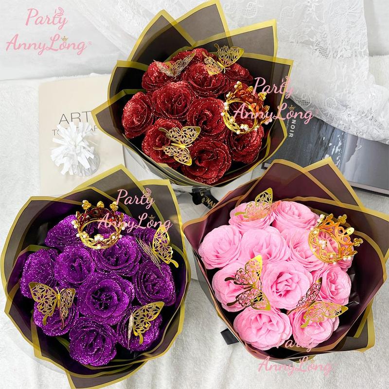 Glitter Rose Bouquet, 1 Count Eternal Artificial Rose Bouquet with No Assembly Required, Romantic Valentine's Day, Wedding, Anniversary and Engagement Gift, Glitter Rose Birthday and Christmas Gift, Decorative Bouquet #TOP PICKS