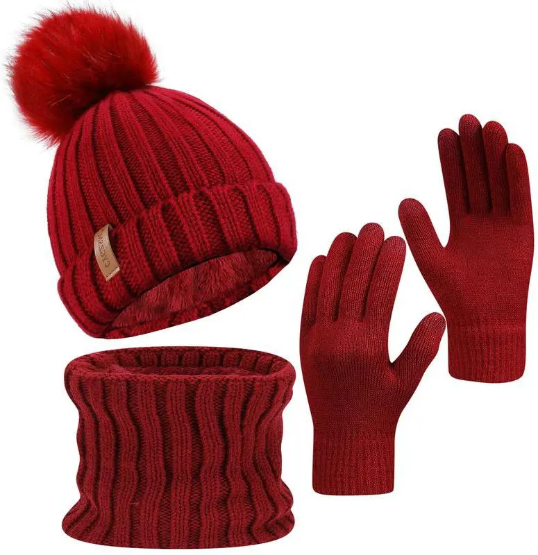 3-Pcs Warm Stretch Sports Knit Beanie Set, Sports & Outdoor Hat Accessories for Hiking, Running