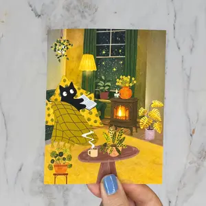 Cozy Black Cat Reading Greeting Card | Book Lover Gift | A2 Card with Envelope