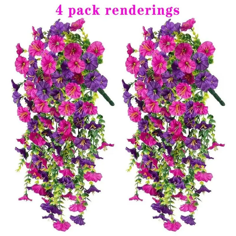 4 PCS Artificial Hanging Flowers Fake Plants Outdoor,Silk Morning Glory Faux Flowers with Eucalyptus Leaf,UV Resistant Realistic Hanging Petunias Plants for Home Garden Decor (Purple+Fuchsia)