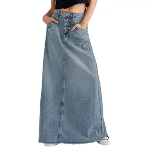 Chouyatou Women's Retro High-Waisted Denim Maxi Skirt A-Line Raw-Hem Denim Skirt with Pockets